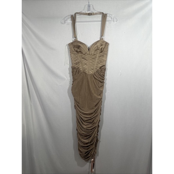 NEW $269 House Of Cb [ XS ] JOSEPHINE Taupe Pleated Corset Midi Dress T2013 - Picture 9 of 15